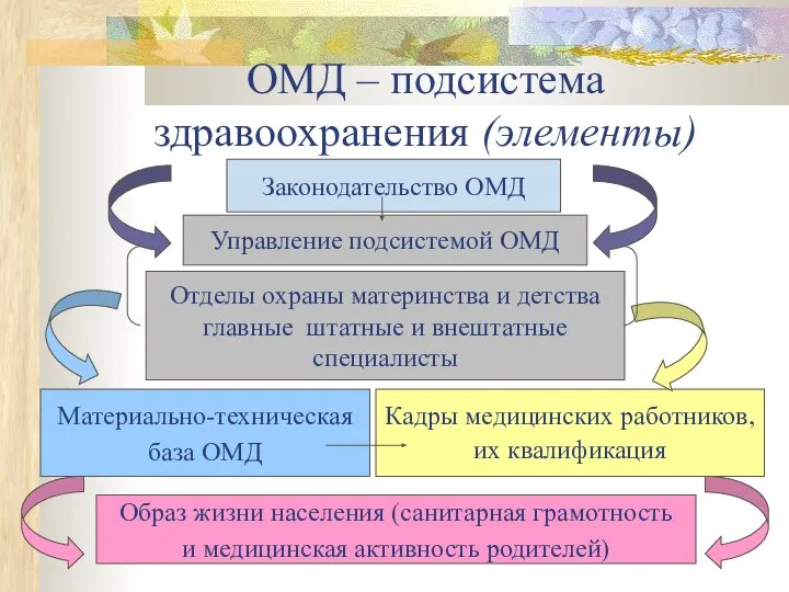 ОМД – подсистема здравоохранения (элементы) Законодательство ОМД Управление подсистемой ОМД Отделы