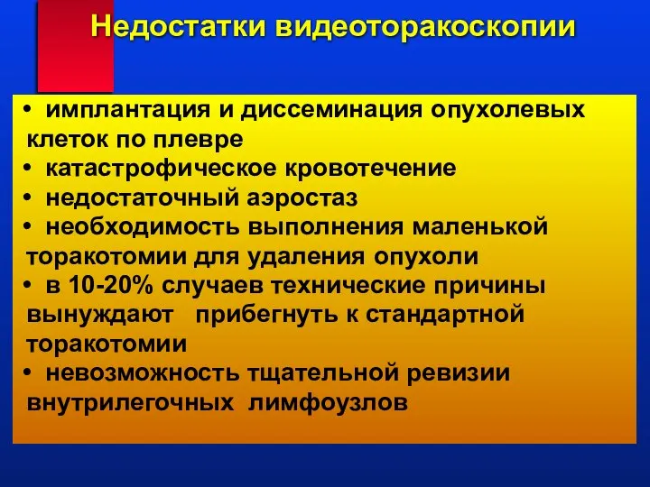 Недостатки видеоторакоскопии имплантация и диссеминация опухолевых клеток по плевре катастрофическое кровотечение