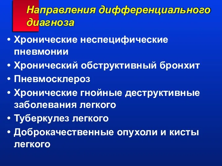 Направления дифференциального диагноза Хронические неспецифические пневмонии Хронический обструктивный бронхит Пневмосклероз Хронические