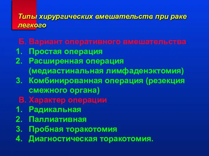 Типы хирургических вмешательств при раке легкого Б. Вариант оперативного вмешательства Простая