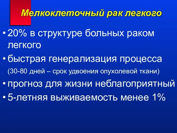 Мелкоклеточный рак легкого 20% в структуре больных раком легкого быстрая генерализация