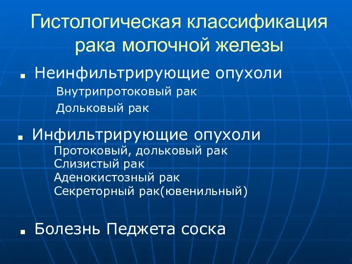 Гистологическая классификация рака молочной железы Неинфильтрирующие опухоли Внутрипротоковый рак Дольковый рак