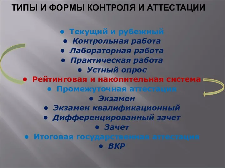 ТИПЫ И ФОРМЫ КОНТРОЛЯ И АТТЕСТАЦИИ Текущий и рубежный Контрольная работа