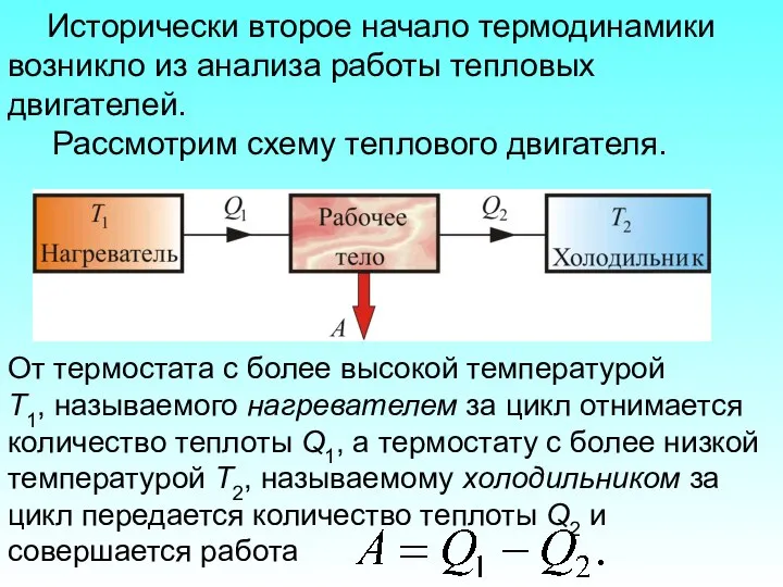 Исторически второе начало термодинамики возникло из анализа работы тепловых двигателей. Рассмотрим