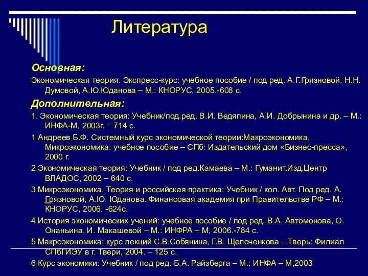 Литература Основная: Экономическая теория. Экспресс-курс: учебное пособие / под ред. А.Г.Грязновой,