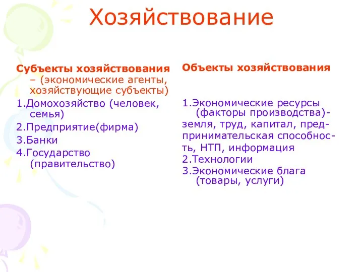 Хозяйствование Субъекты хозяйствования – (экономические агенты, хозяйствующие субъекты) 1.Домохозяйство (человек, семья)