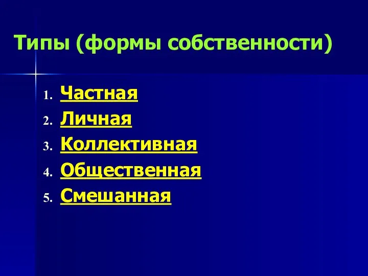 Типы (формы собственности) Частная Личная Коллективная Общественная Смешанная