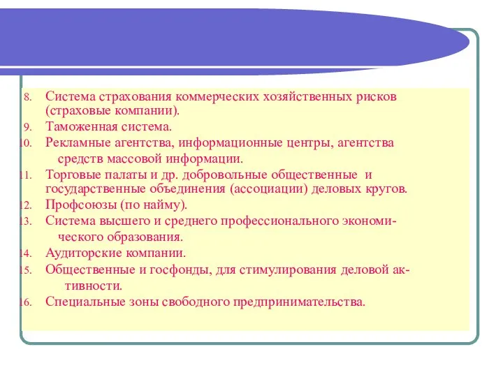 Система страхования коммерческих хозяйственных рисков (страховые компании). Таможенная система. Рекламные агентства,