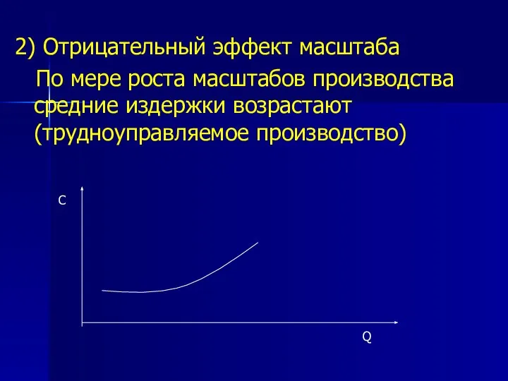 2) Отрицательный эффект масштаба По мере роста масштабов производства средние издержки возрастают (трудноуправляемое производство)