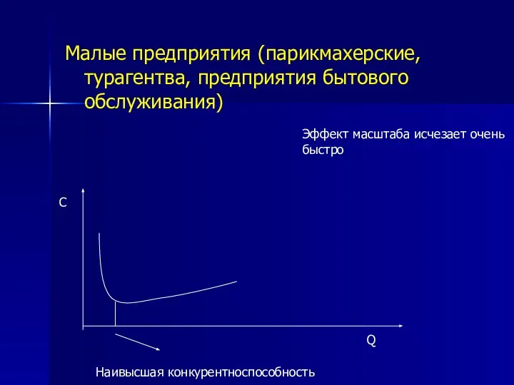 Малые предприятия (парикмахерские, турагентва, предприятия бытового обслуживания) Наивысшая конкурентноспособность Эффект масштаба исчезает очень быстро