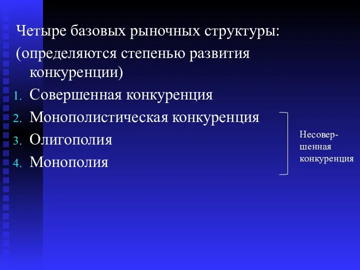 Четыре базовых рыночных структуры: (определяются степенью развития конкуренции) Совершенная конкуренция Монополистическая конкуренция Олигополия Монополия Несовер-шенная конкуренция