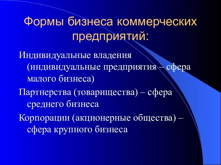 Формы бизнеса коммерческих предприятий: Индивидуальные владения (индивидуальные предприятия – сфера малого