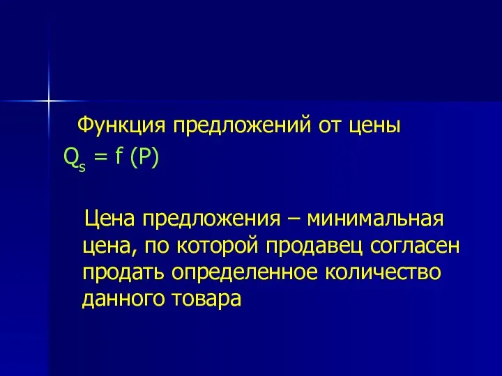 Функция предложений от цены Qs = f (Р) Цена предложения –