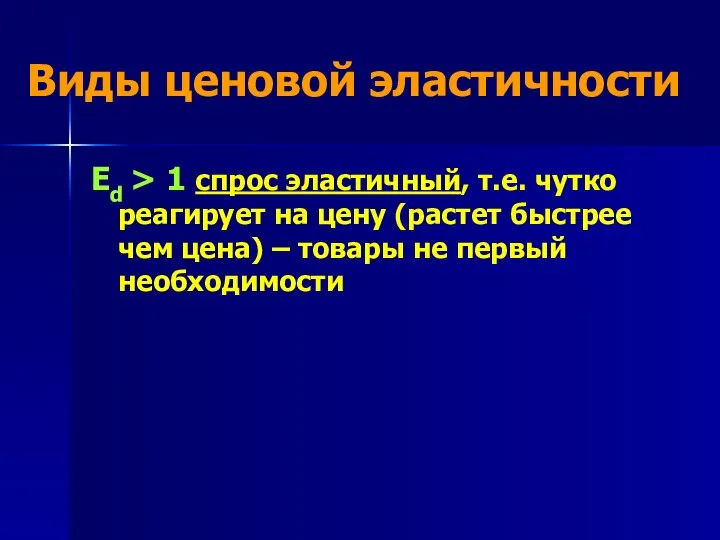 Виды ценовой эластичности Ed > 1 спрос эластичный, т.е. чутко реагирует