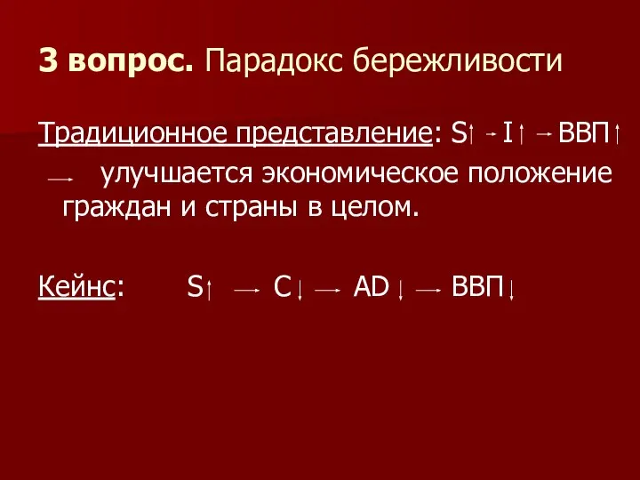 3 вопрос. Парадокс бережливости Традиционное представление: S I ВВП улучшается экономическое