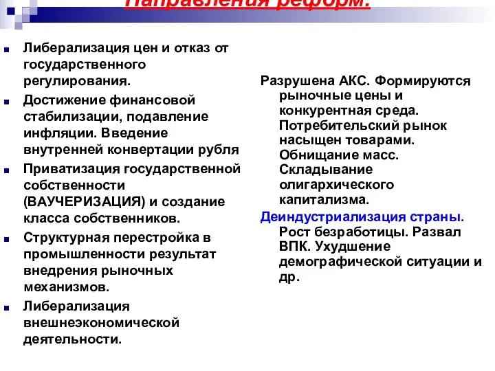 Направления реформ. Либерализация цен и отказ от государственного регулирования. Достижение финансовой