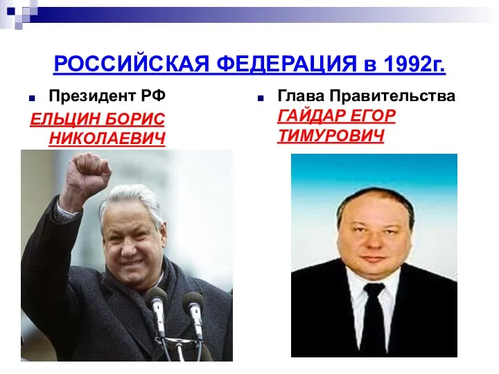 РОССИЙСКАЯ ФЕДЕРАЦИЯ в 1992г. Президент РФ ЕЛЬЦИН БОРИС НИКОЛАЕВИЧ Глава Правительства ГАЙДАР ЕГОР ТИМУРОВИЧ