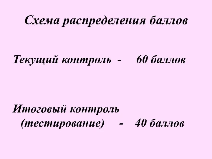 Схема распределения баллов Текущий контроль - 60 баллов Итоговый контроль (тестирование) - 40 баллов