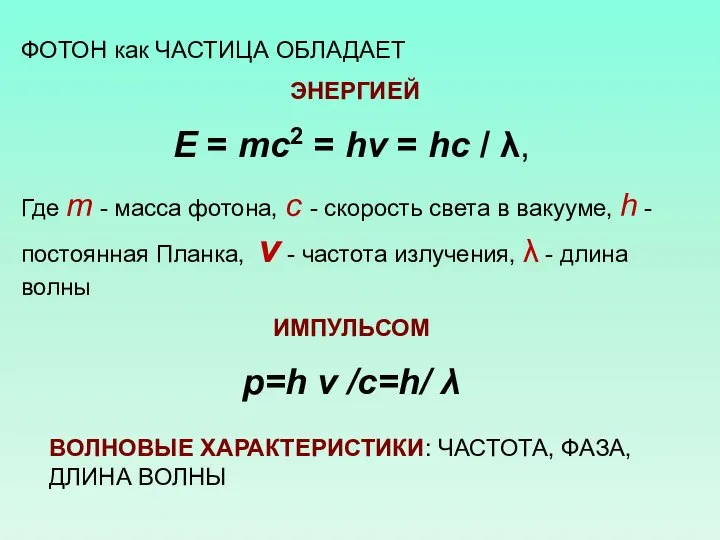 ФОТОН как ЧАСТИЦА ОБЛАДАЕТ ЭНЕРГИЕЙ E = mc2 = hν =