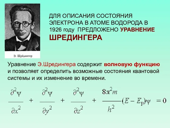 ДЛЯ ОПИСАНИЯ СОСТОЯНИЯ ЭЛЕКТРОНА В АТОМЕ ВОДОРОДА В 1926 году ПРЕДЛОЖЕНО