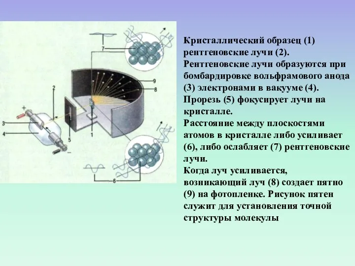 Кристаллический образец (1) рентгеновские лучи (2). Рентгеновские лучи образуются при бомбардировке