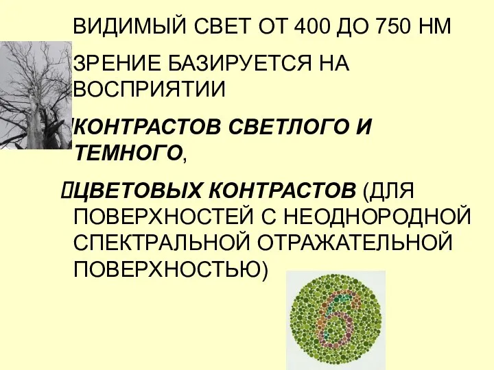 ВИДИМЫЙ СВЕТ ОТ 400 ДО 750 НМ ЗРЕНИЕ БАЗИРУЕТСЯ НА ВОСПРИЯТИИ