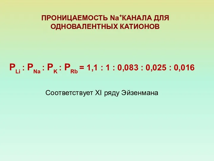 ПРОНИЦАЕМОСТЬ Na+КАНАЛА ДЛЯ ОДНОВАЛЕНТНЫХ КАТИОНОВ PLi : PNa : PK :