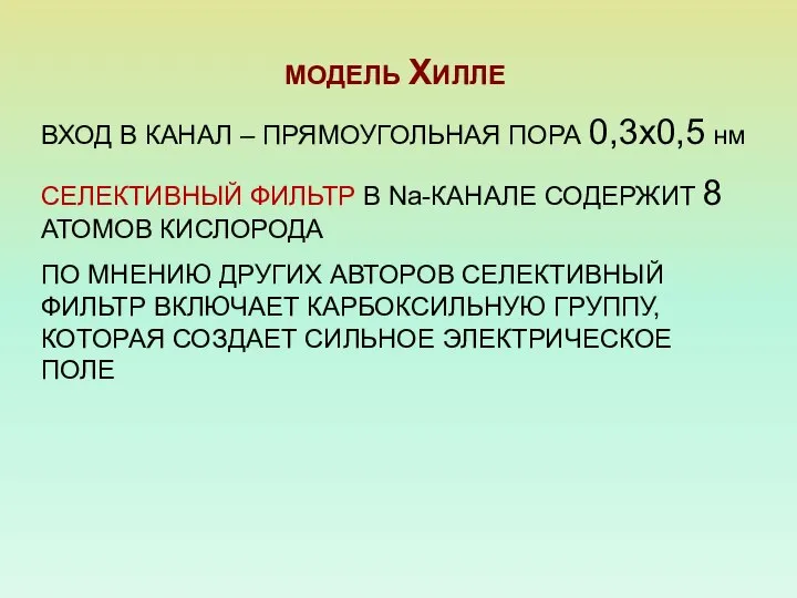 МОДЕЛЬ ХИЛЛЕ ВХОД В КАНАЛ – ПРЯМОУГОЛЬНАЯ ПОРА 0,3х0,5 нм СЕЛЕКТИВНЫЙ