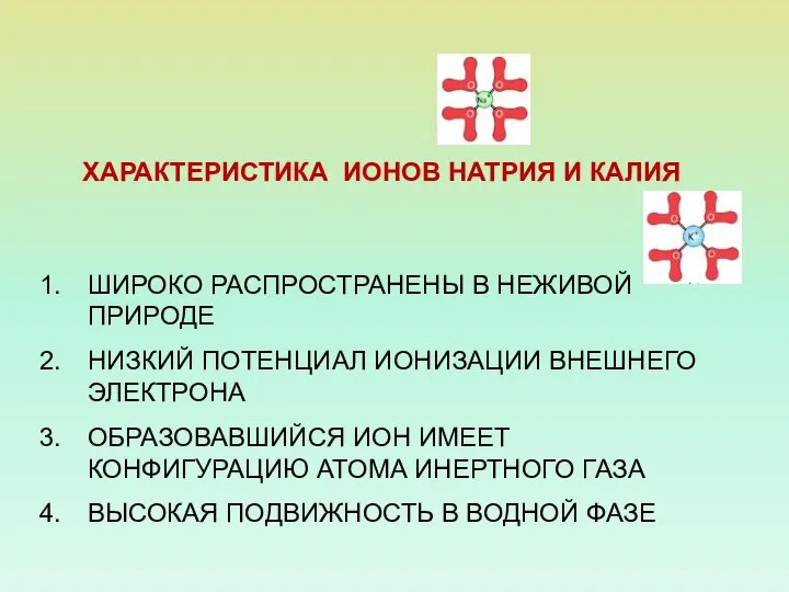 ХАРАКТЕРИСТИКА ИОНОВ НАТРИЯ И КАЛИЯ ШИРОКО РАСПРОСТРАНЕНЫ В НЕЖИВОЙ ПРИРОДЕ НИЗКИЙ