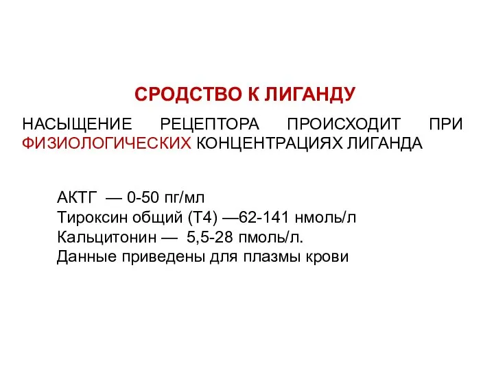 СРОДСТВО К ЛИГАНДУ НАСЫЩЕНИЕ РЕЦЕПТОРА ПРОИСХОДИТ ПРИ ФИЗИОЛОГИЧЕСКИХ КОНЦЕНТРАЦИЯХ ЛИГАНДА АКТГ