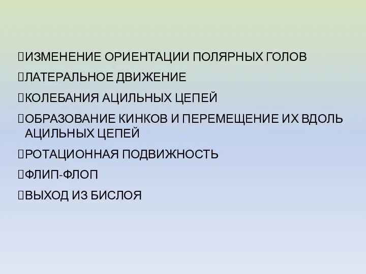 ИЗМЕНЕНИЕ ОРИЕНТАЦИИ ПОЛЯРНЫХ ГОЛОВ ЛАТЕРАЛЬНОЕ ДВИЖЕНИЕ КОЛЕБАНИЯ АЦИЛЬНЫХ ЦЕПЕЙ ОБРАЗОВАНИЕ КИНКОВ