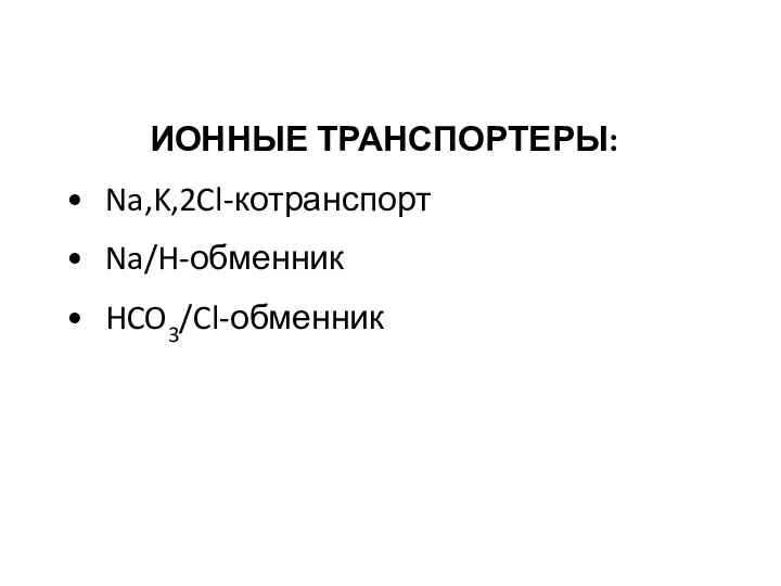 ИОННЫЕ ТРАНСПОРТЕРЫ: Na,K,2Cl-котранспорт Na/H-обменник HCO3/Cl-обменник