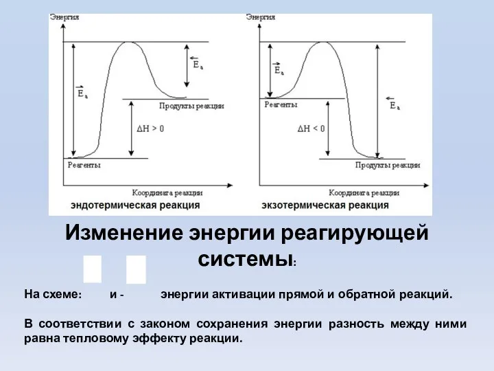 Изменение энергии реагирующей системы: На схеме: и - энергии активации прямой