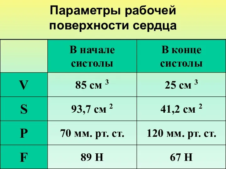 Параметры рабочей поверхности сердца