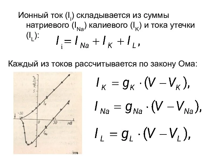 Ионный ток (Ii) складывается из суммы натриевого (INa) калиевого (IK) и