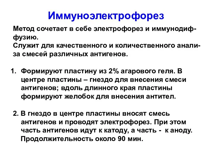 Иммуноэлектрофорез Метод сочетает в себе электрофорез и иммунодиф- фузию. Служит для