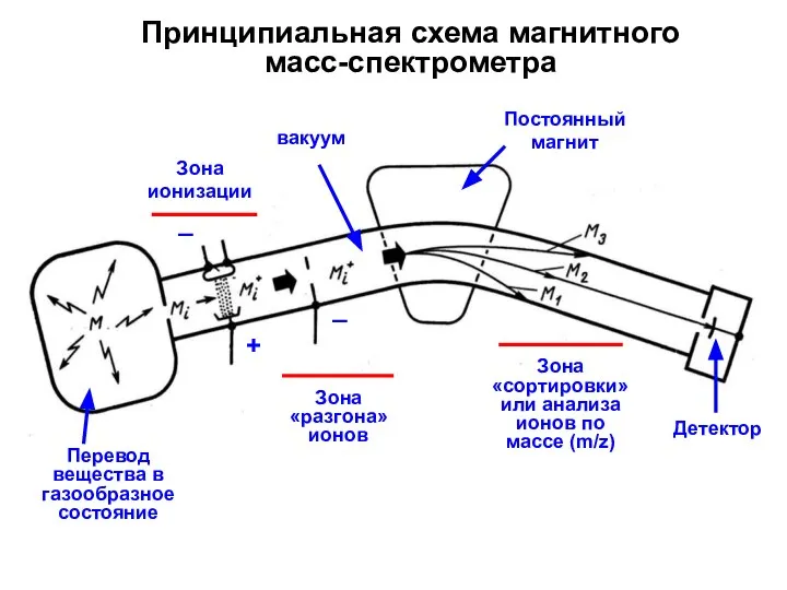 Принципиальная схема магнитного масс-спектрометра Перевод вещества в газообразное состояние вакуум Постоянный