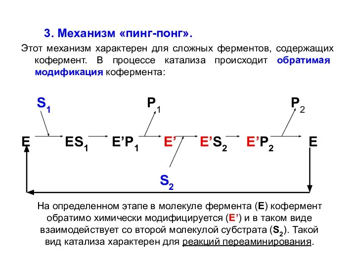 3. Механизм «пинг-понг». Этот механизм характерен для сложных ферментов, содержащих кофермент.