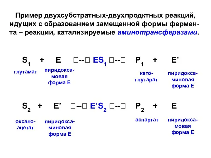 Пример двухсубстратных-двухпродктных реакций, идущих с образованием замещенной формы фермен-та – реакции,