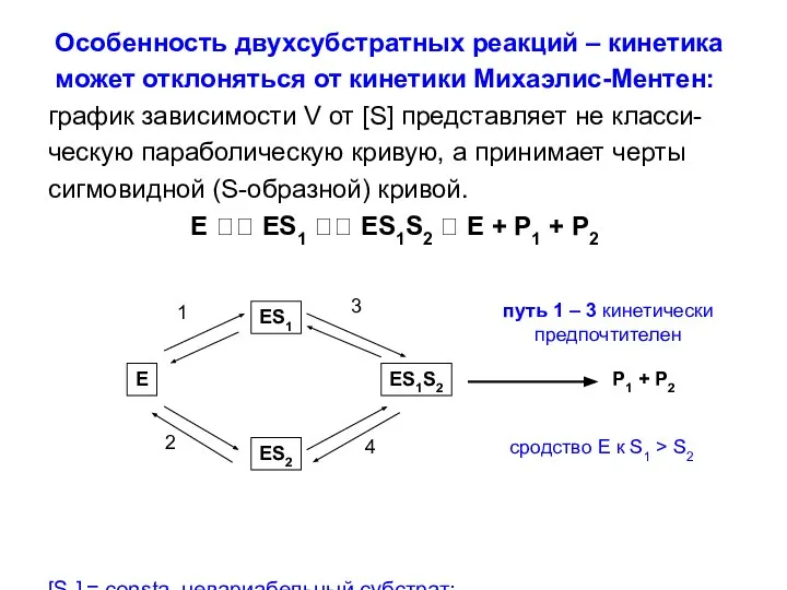 Особенность двухсубстратных реакций – кинетика может отклоняться от кинетики Михаэлис-Ментен: график