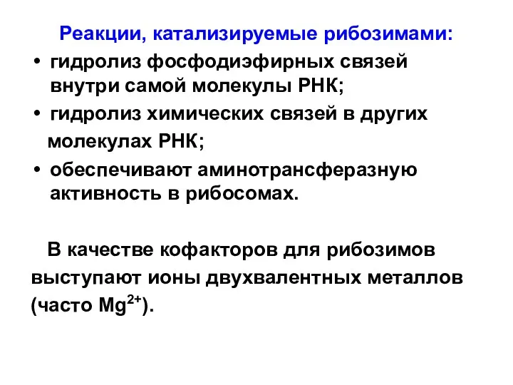 Реакции, катализируемые рибозимами: гидролиз фосфодиэфирных связей внутри самой молекулы РНК; гидролиз