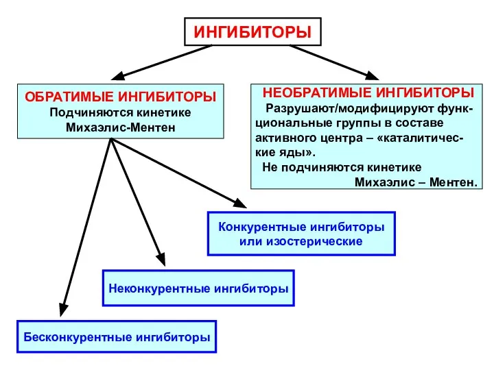 ИНГИБИТОРЫ НЕОБРАТИМЫЕ ИНГИБИТОРЫ Разрушают/модифицируют функ- циональные группы в составе активного центра