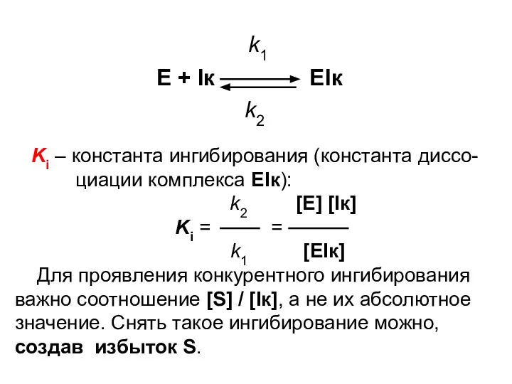 k1 E + Iк EIк k2 Ki – константа ингибирования (константа