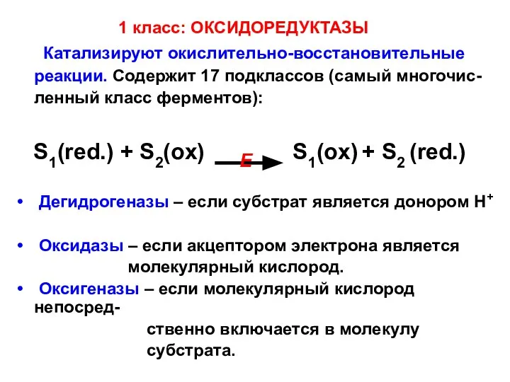 1 класс: ОКСИДОРЕДУКТАЗЫ Катализируют окислительно-восстановительные реакции. Содержит 17 подклассов (самый многочис-ленный