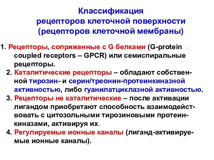 Классификация рецепторов клеточной поверхности (рецепторов клеточной мембраны) Рецепторы, сопряженные с G