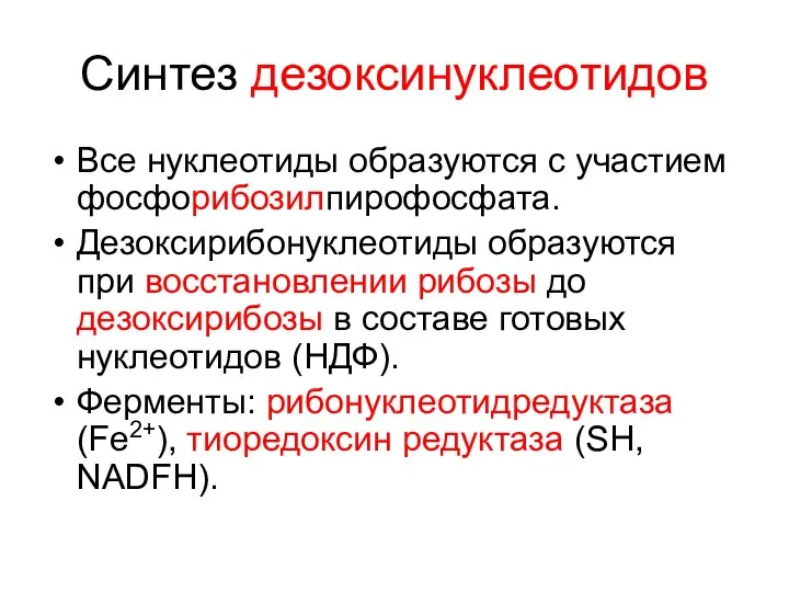 Синтез дезоксинуклеотидов Все нуклеотиды образуются с участием фосфорибозилпирофосфата. Дезоксирибонуклеотиды образуются при