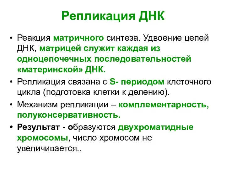 Репликация ДНК Реакция матричного синтеза. Удвоение цепей ДНК, матрицей служит каждая