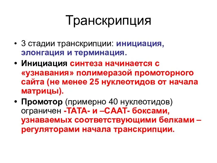 Транскрипция 3 стадии транскрипции: инициация, элонгация и терминация. Инициация синтеза начинается