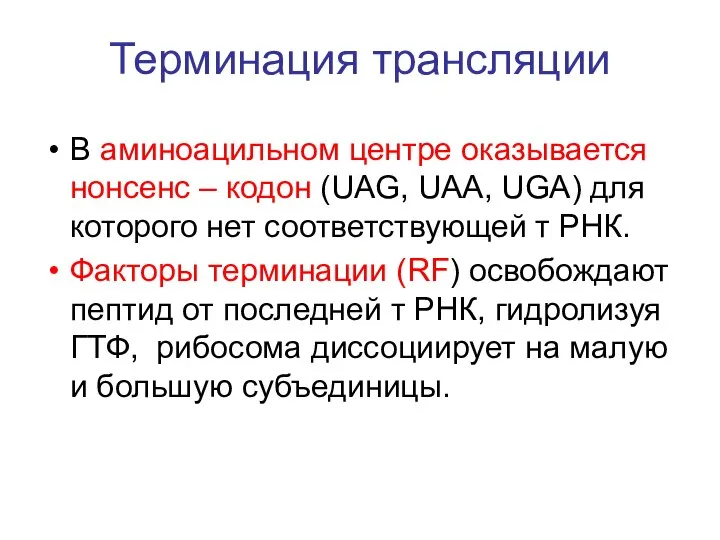 Терминация трансляции В аминоацильном центре оказывается нонсенс – кодон (UAG, UAA,