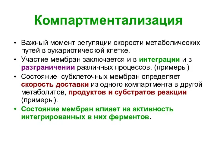 Компартментализация Важный момент регуляции скорости метаболических путей в эукариотической клетке. Участие